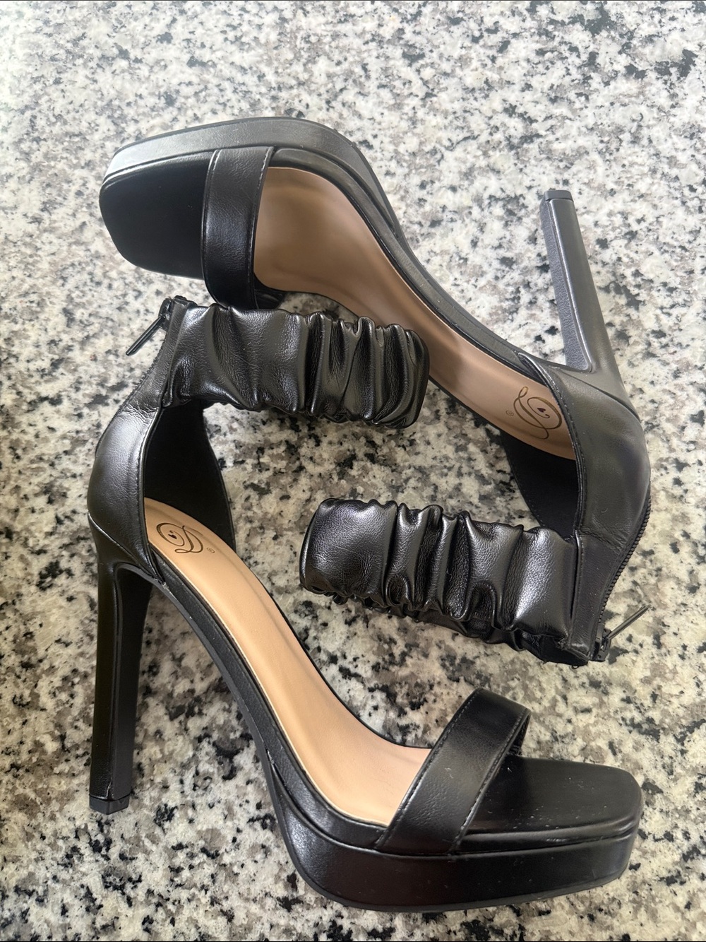 Black Ruched Ankle-Strap Platform Heels